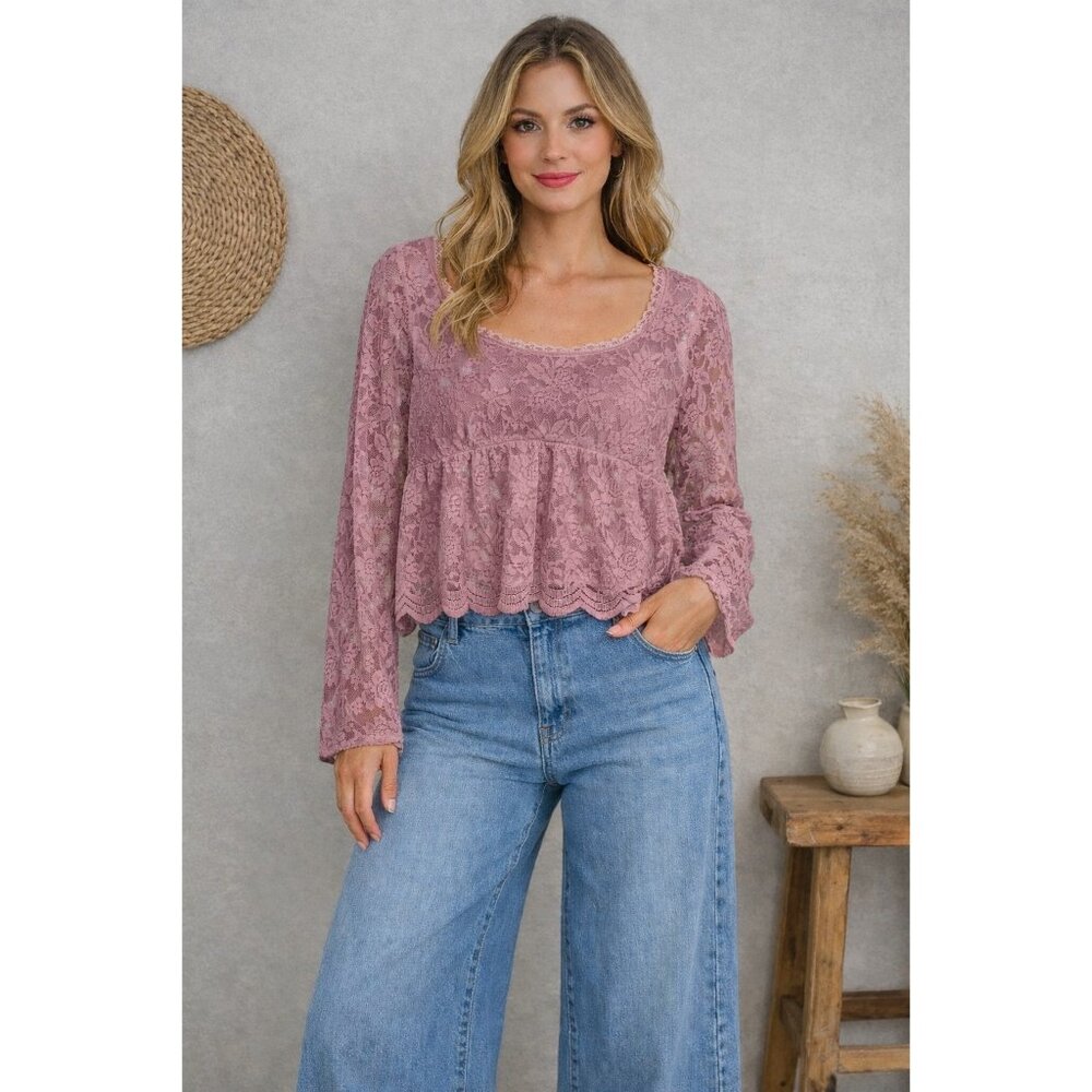 La Peche Mauve Lace Boho‎ Top M Long Sleeve Floral Bridal Babydoll Cotton Blend